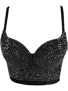 Women's Black Lace Mesh Rhinestone Diamond Bra Push Up Bustier Corset Crop Top